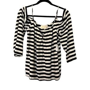Artelier Nicole Miller Striped Shoulder Cut-Out Top Black & White